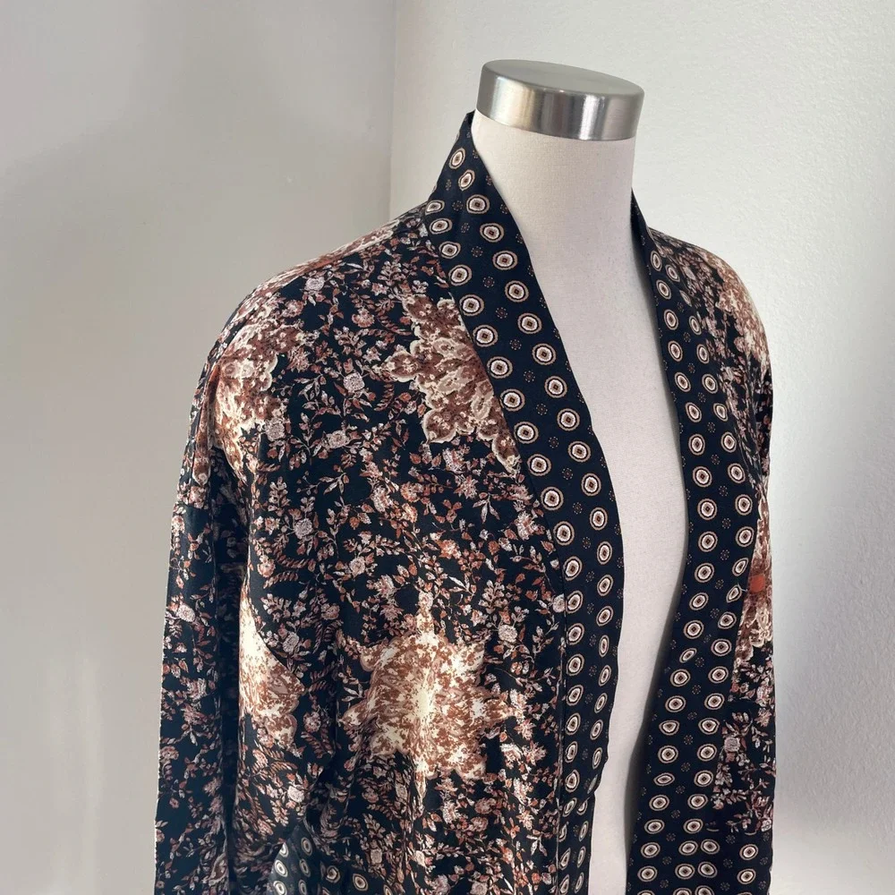 Free People‎ Womens XS Mixed Floral Geometric Kimono Cardigan Black Brown Boho